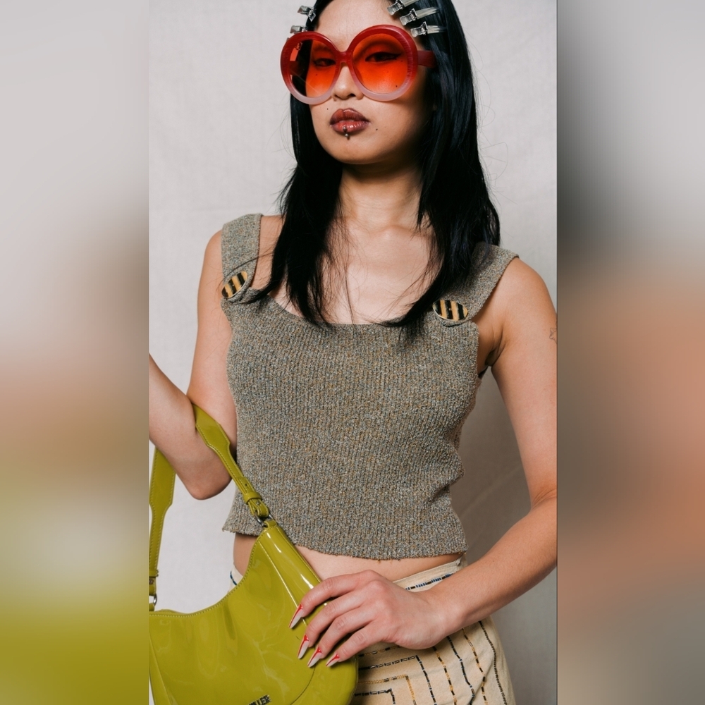 ZARA Grey Speckled Knit Cropped Tank Top with Resin Button Detail Small